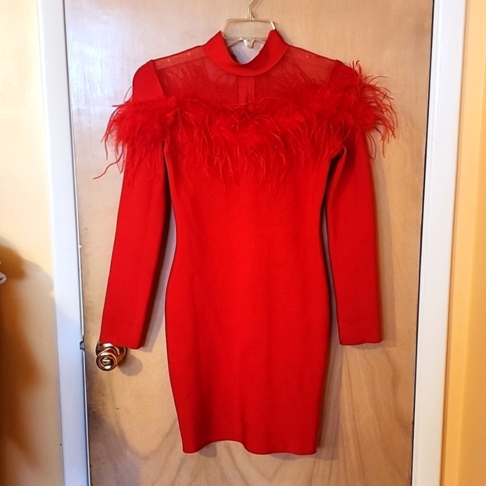 Red dress with feather ,bandage Tight material size L can fit smaller
